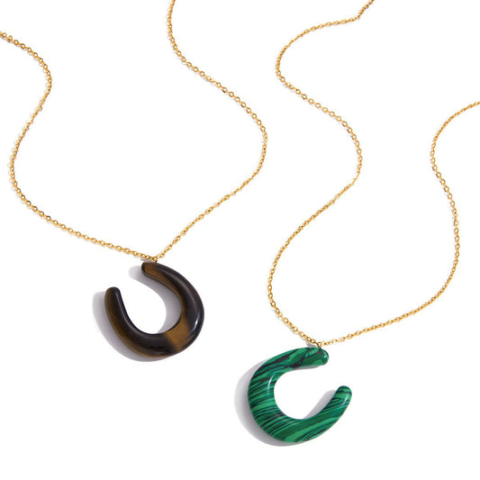 18K Stainless Steel Horseshoe U-shaped Tiger's Eye and Malachite Pendant Necklace