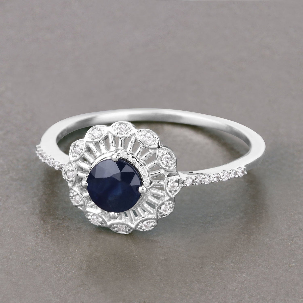 0.72 Carat Genuine Blue Sapphire and White Diamond 14K White Gold Ring