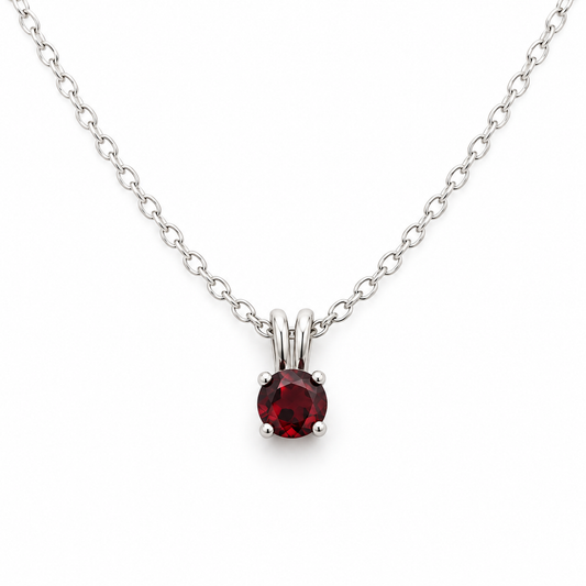 Garnet Solitaire Necklace – Sterling Silver