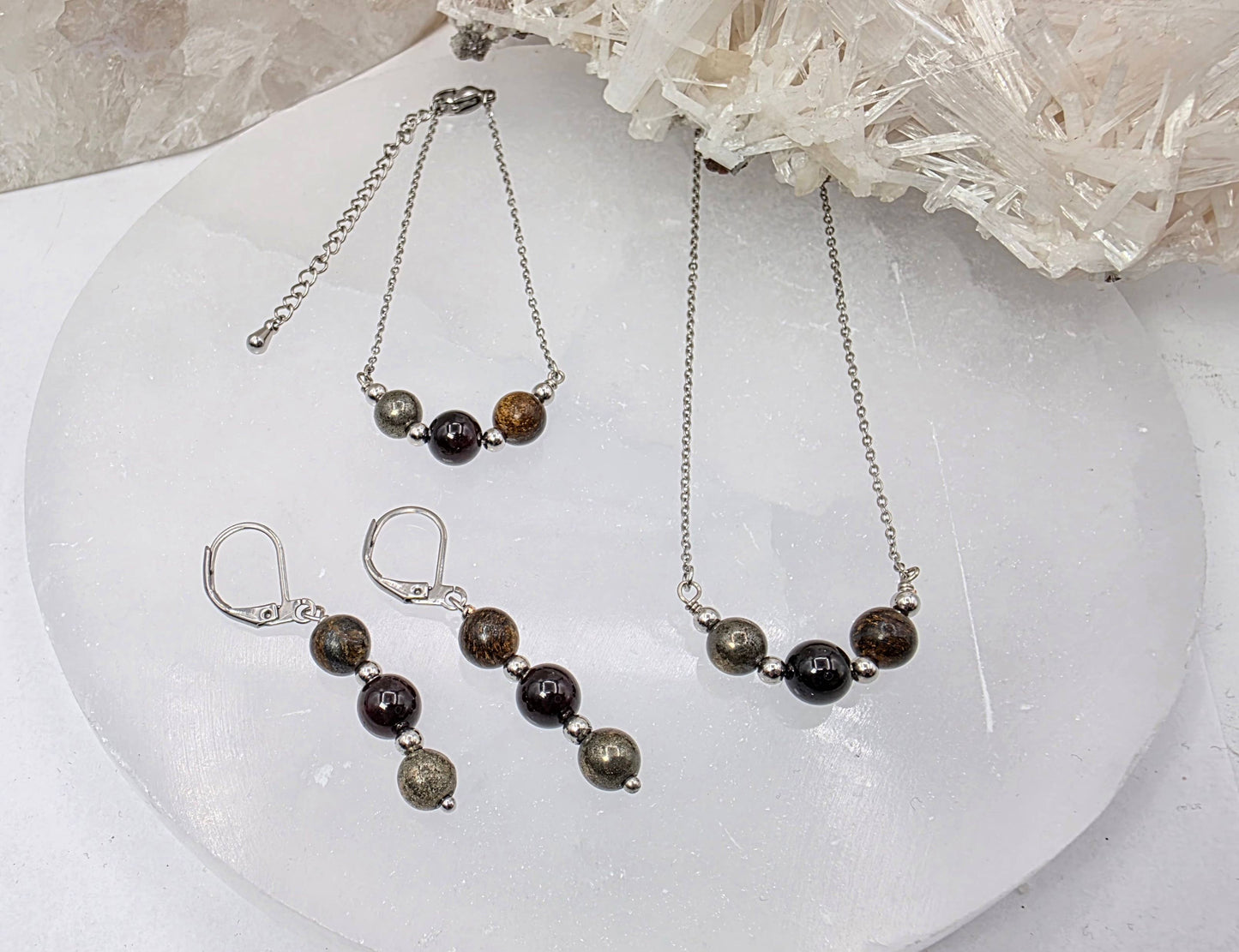 STAY IN MY POWER - Pyrite, Bronzite, Garnet Jewelry Set