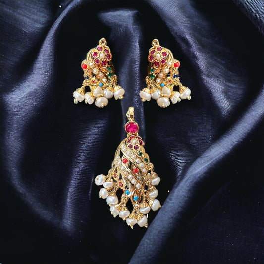 Gold plated jadau silver pendant set in navratan   ( SHIPS IN 5 WEEKS )