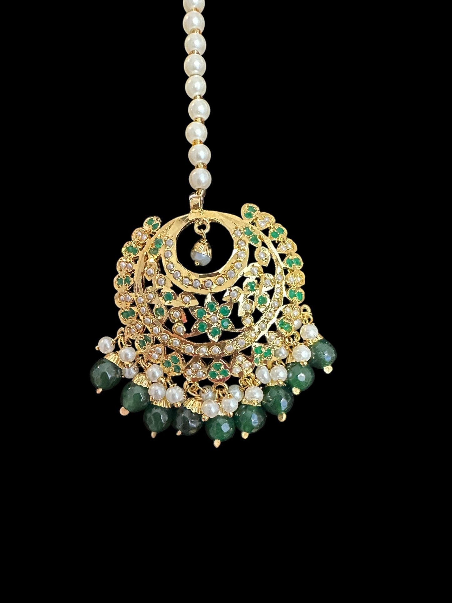 DJET84 Dafiya Gold Plated emerald Chandbali Earrings & Tika Set | Ready to Ship | Deccan Jewelry