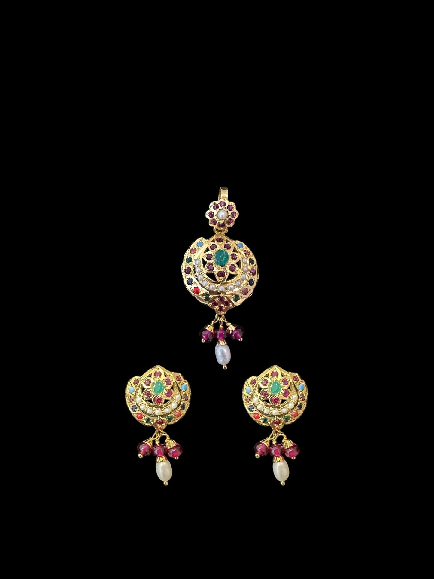 Gold plated pendant set in silver - Navratan ( READY TO SHIP )