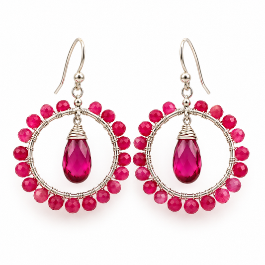 Pink Sapphire & Rubellite Gemstone Hoop Earrings – Sterling Silver