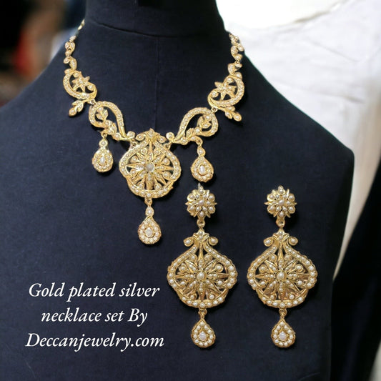 Gold plated silver necklace earrings set in fresh water pearls ( SHIPS IN 5 WEEKS )
