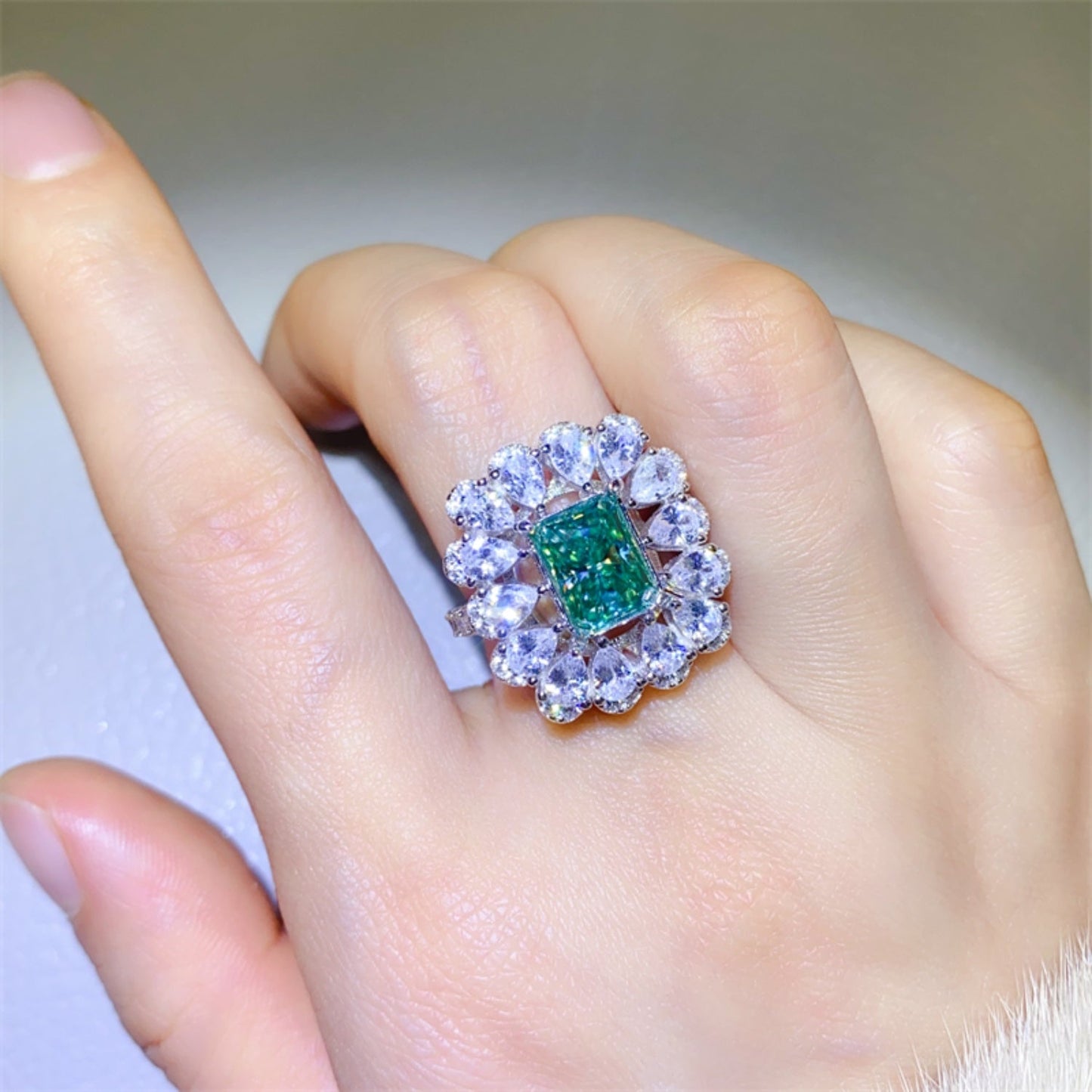 3 Carat Green Emerald-Cut Sparkala™ Pure Sterling Silver Ring