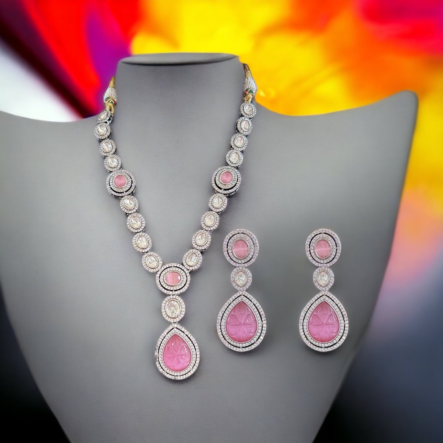 DNS55 Reema high quality Polki necklace set - PINK  ( READY TO SHIP )