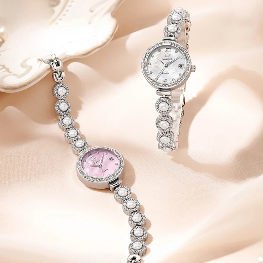 Women's Gold Pearl Bracelet Watch Quartz Date Elegant