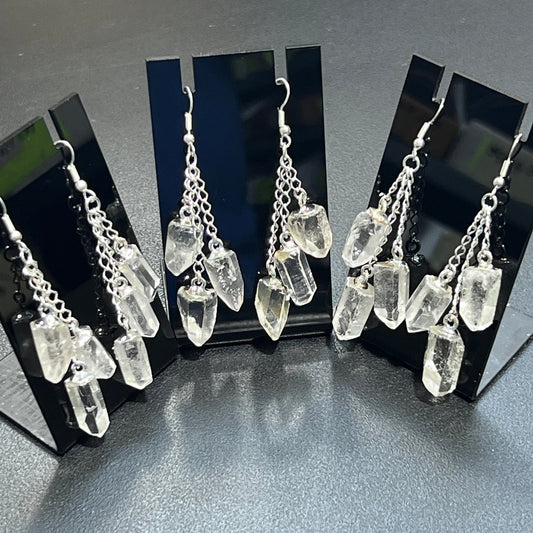 Quartz Crystal Long Earrings Pair (Silver Plated) Triple Dangle Jewelry