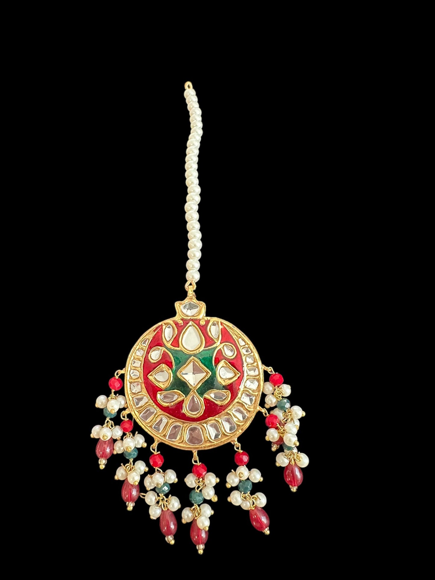JTK36 kundan jhoomar tika in red and green meenakari  ( READY TO SHIP )