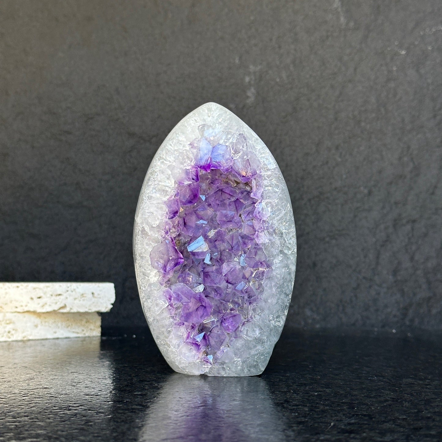 Amethyst Geode Crystal Egg with incredible Agate formations, Natural cave shaped polished agate stone