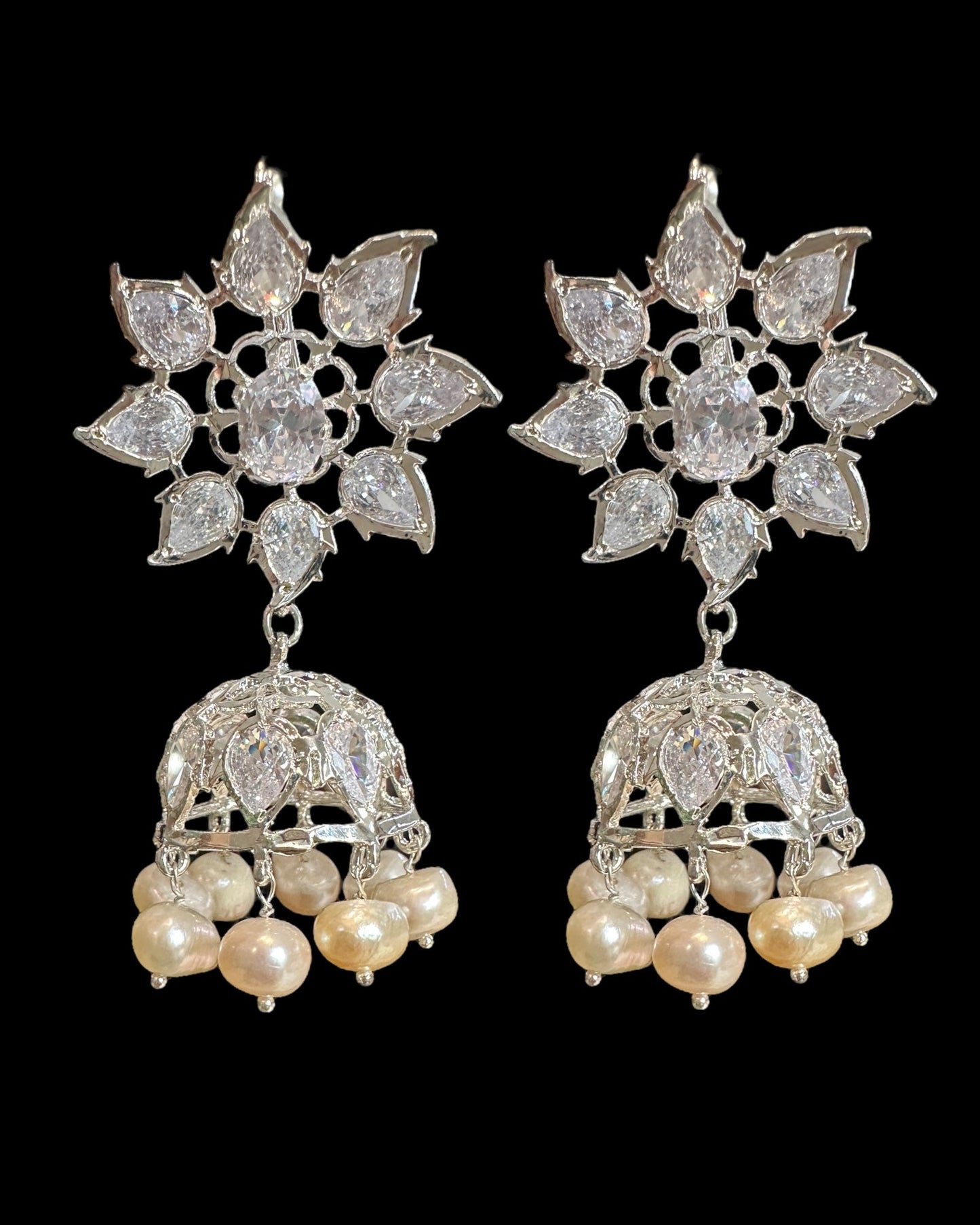 DER607 ✨ Evelyn Silver-Plated Karanphool Jhumka – With Pearls & High-Quality Zircon  ( Ready to Ship )