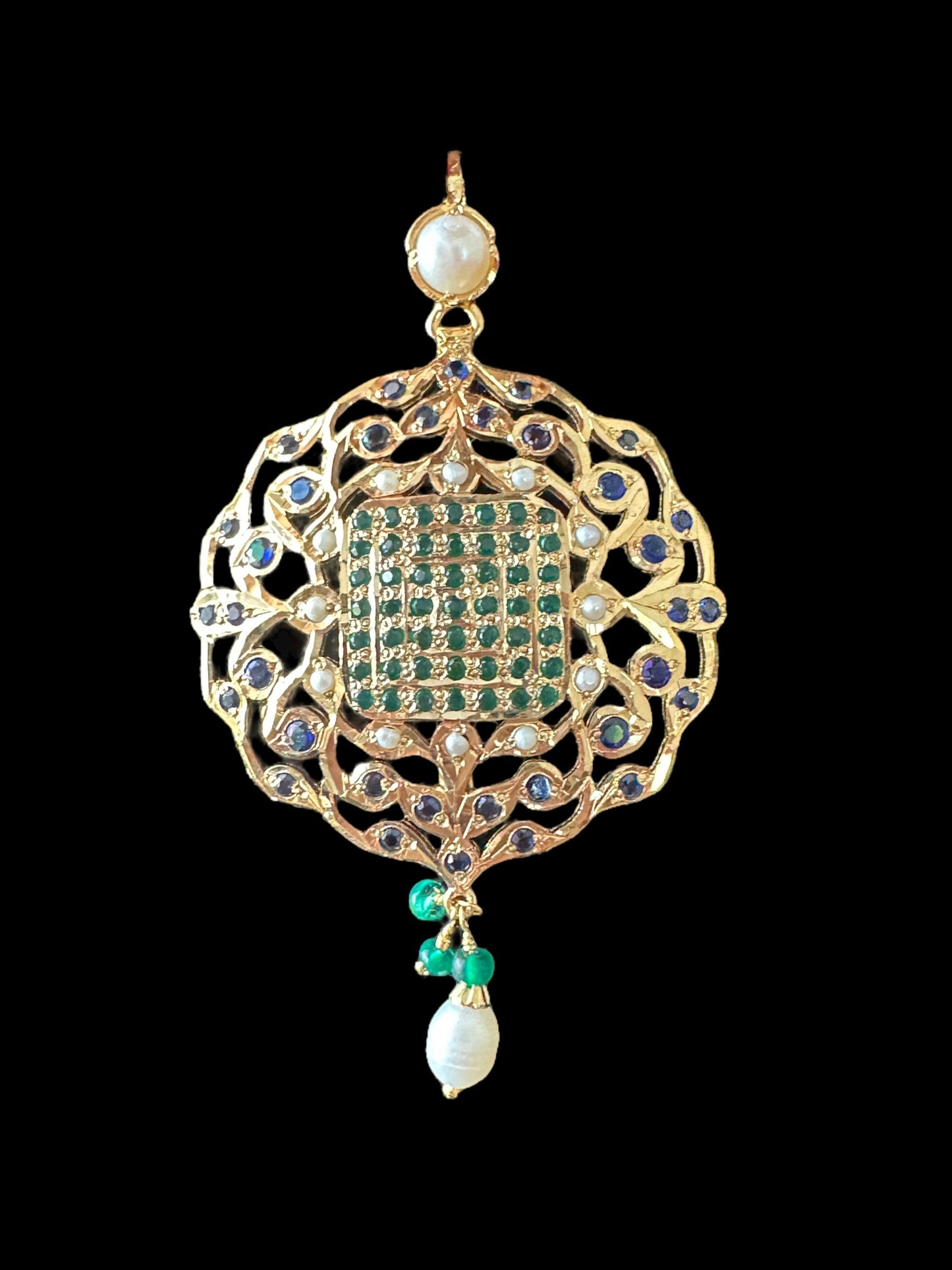 Emerald & Sapphire Gold-Plated Silver Pendant Set with Freshwater Pearls ( READY TO SHIP )