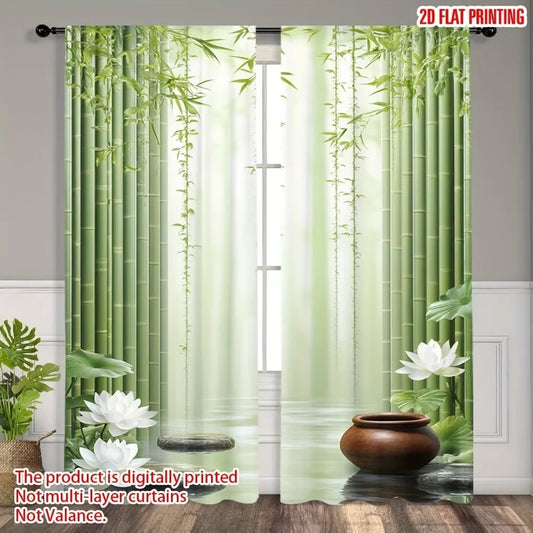 2-Piece Zen Botanical Window Curtains – Bamboo Forest & Lotus Flower Print