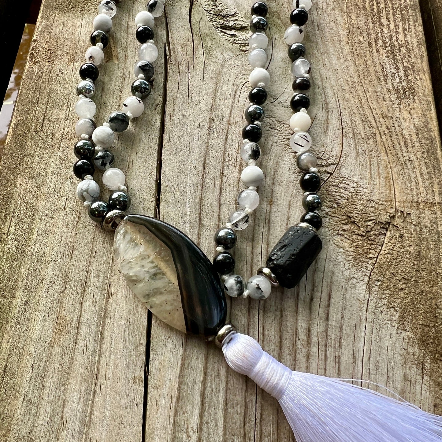 Yin Yang Meditation Mala – Onyx, Howlite & Tourmaline Quartz