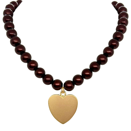 Burgundy 12MM Pearls With Medium Matte Gold Heart Pendant