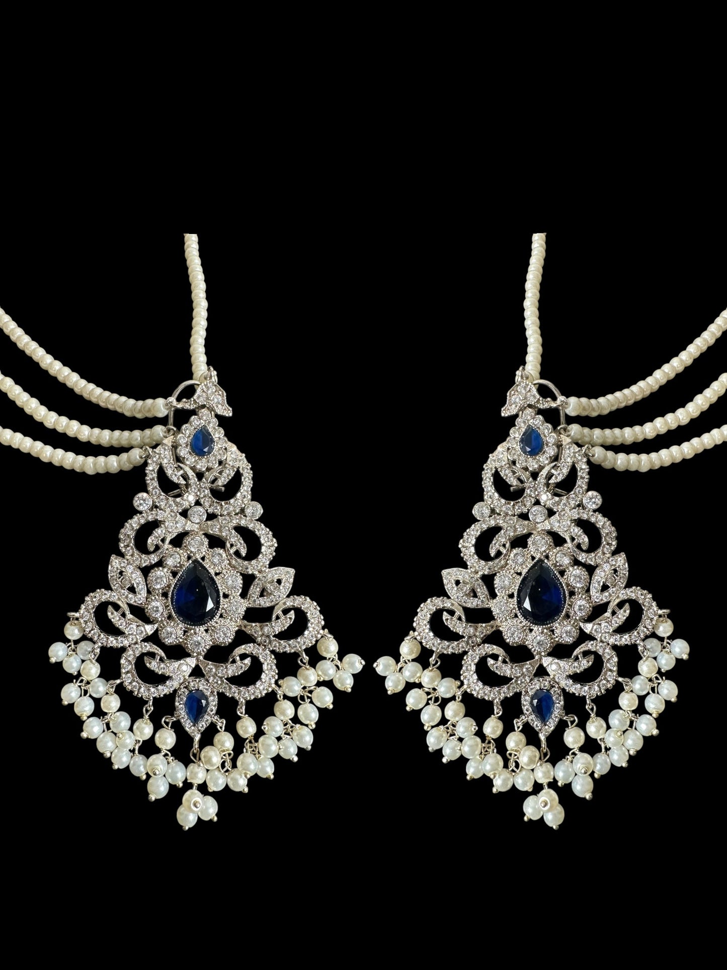 DJET74 Raaga zircon earring tika set in blue with silver plating ( READY TO SHIP )