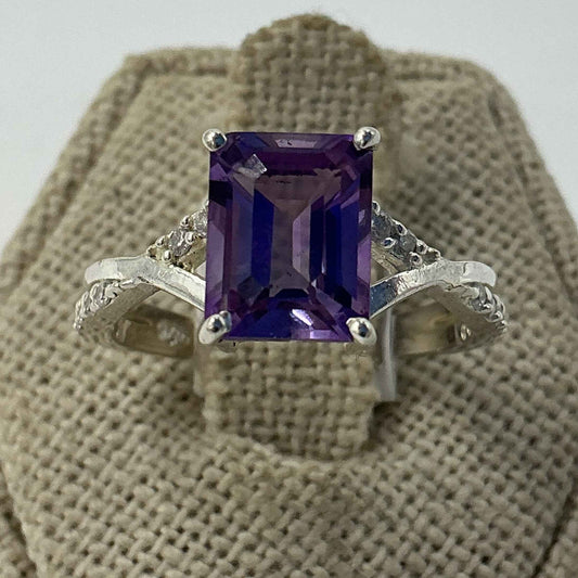 Sterling Silver Crossed Band Amethyst Ring – Size 8 – Calm, Intuition & Spiritual Protection