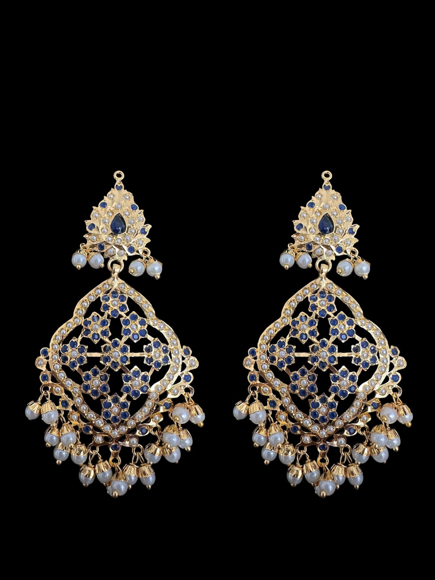 DJET89 Mehru Jadau chandbali earrings tika in sapphire pearls ( READY TO SHIP )