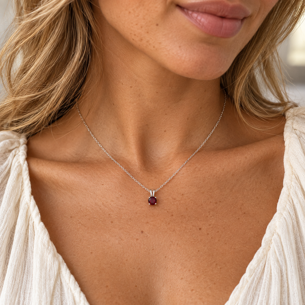 Garnet Solitaire Necklace – Sterling Silver