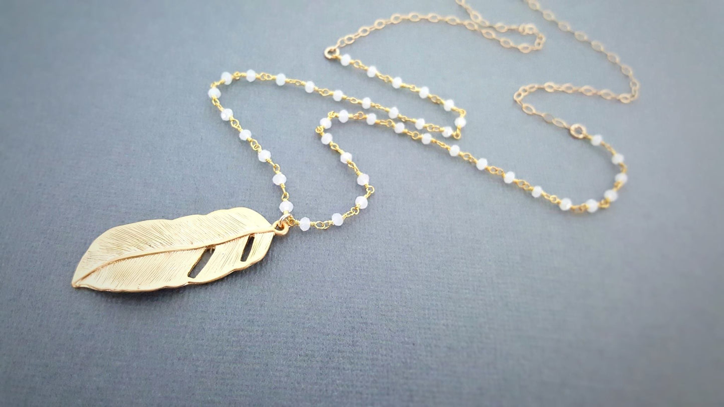 As Seen on Fuller House – Gold Feather & Moonstone Necklace, 24 Inch