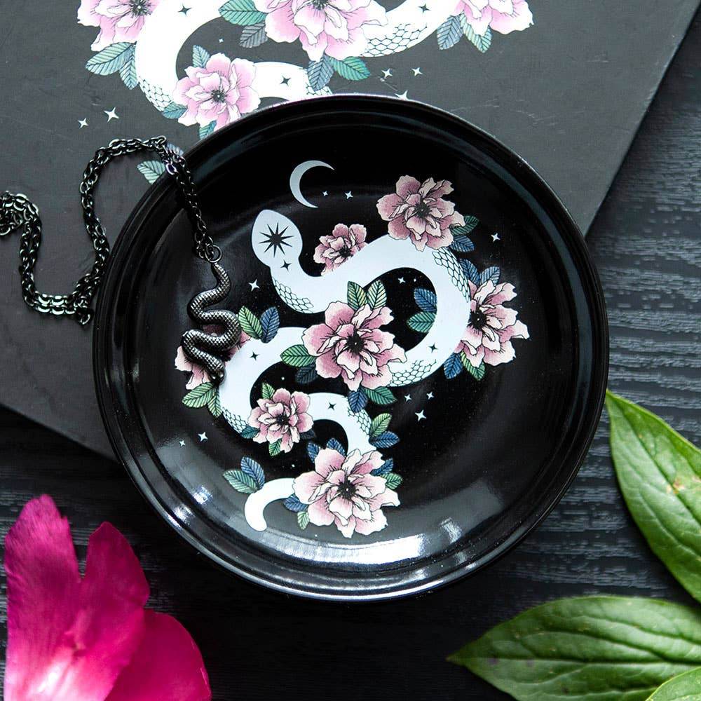 Snake & Flower Celestial Trinket Dish - Mystical White Serpent & Pink Flower Jewelry Holder, Gothic Home Decor & Witchy Accessories