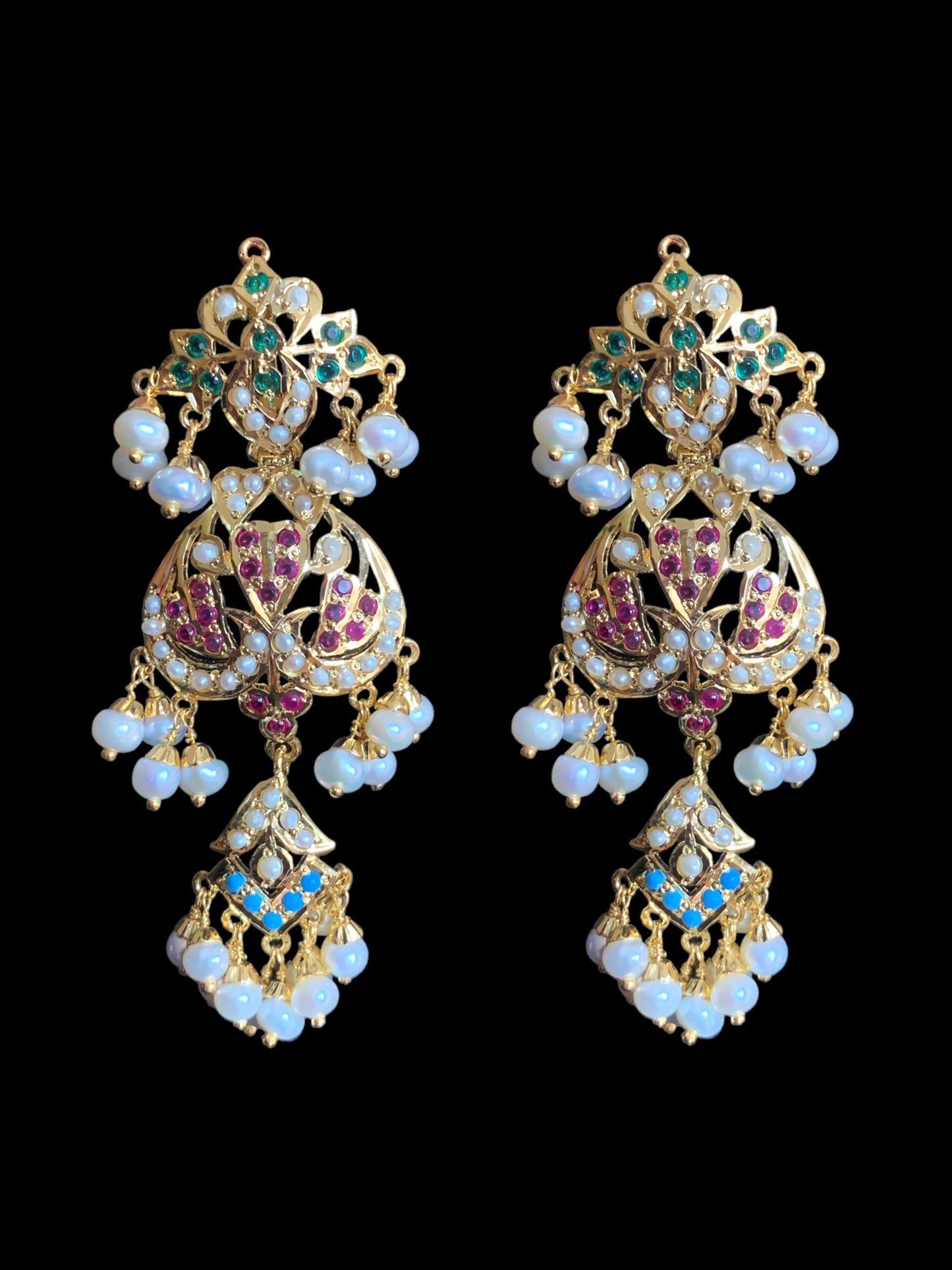 Navratan necklace  set with fresh water pearls in gold plated silver ( READY TO SHIP )