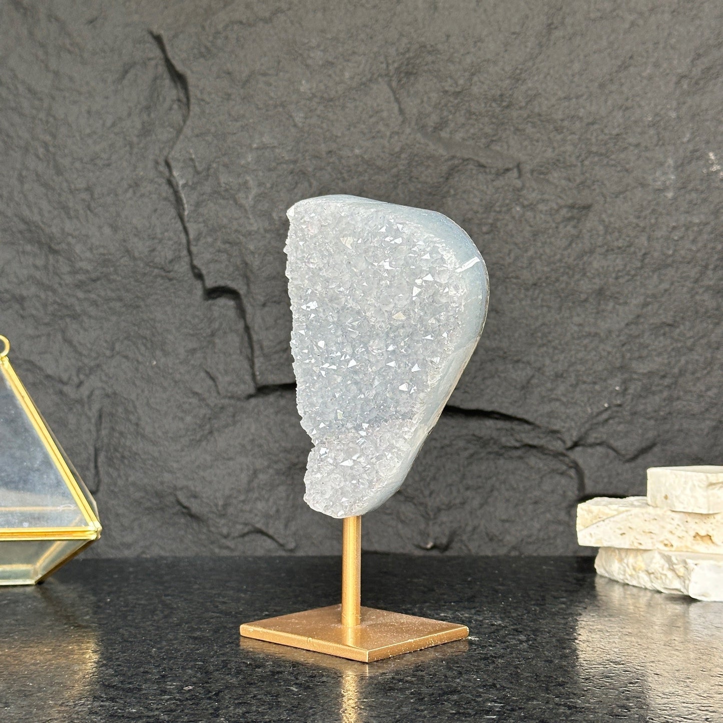 White quartz on stand, Geode with metallic base included for home decoration