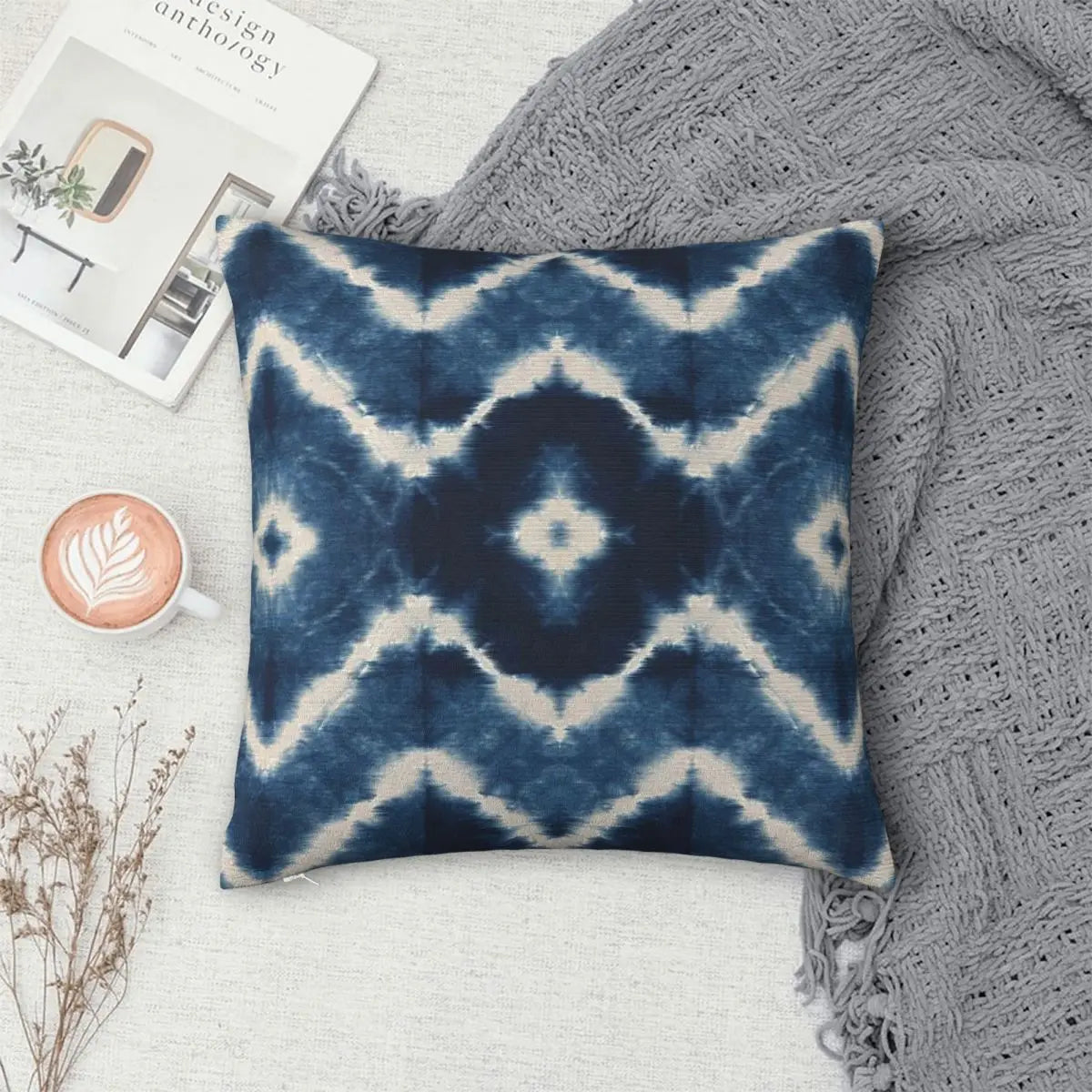 Shibori Indigo Mandala Square Pillow Cover – Double-Sided Boho & Zen Cushion Case