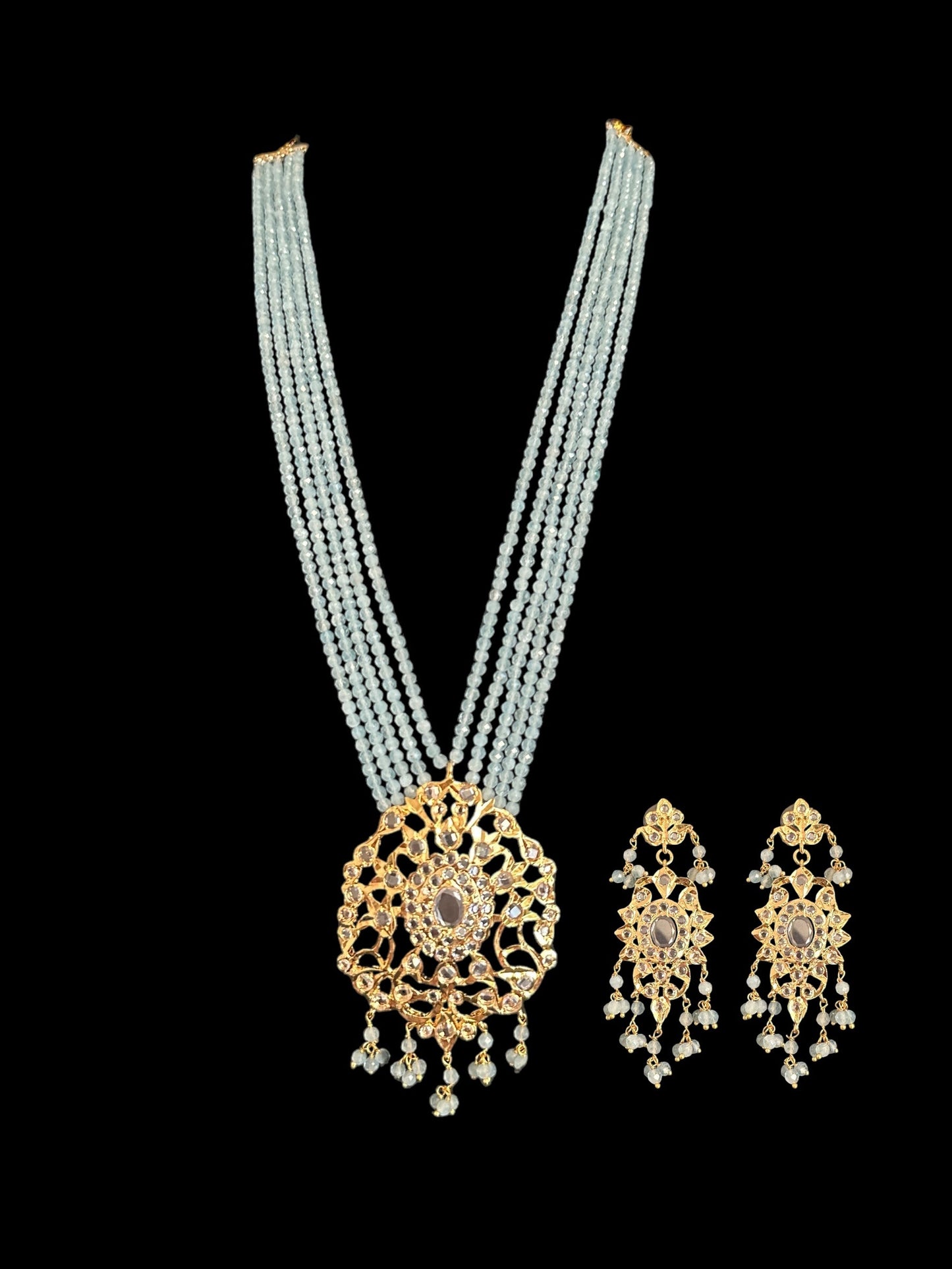 DLN123 Himah long necklace with earrings in real aquamarine beads ( SHIPS IN 2 WEEKS )