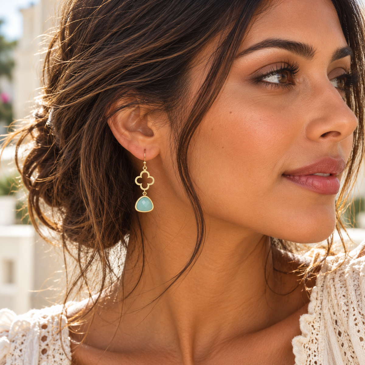 Gold Clover & Aqua Glass Drop Earrings – 14k Gold Filled