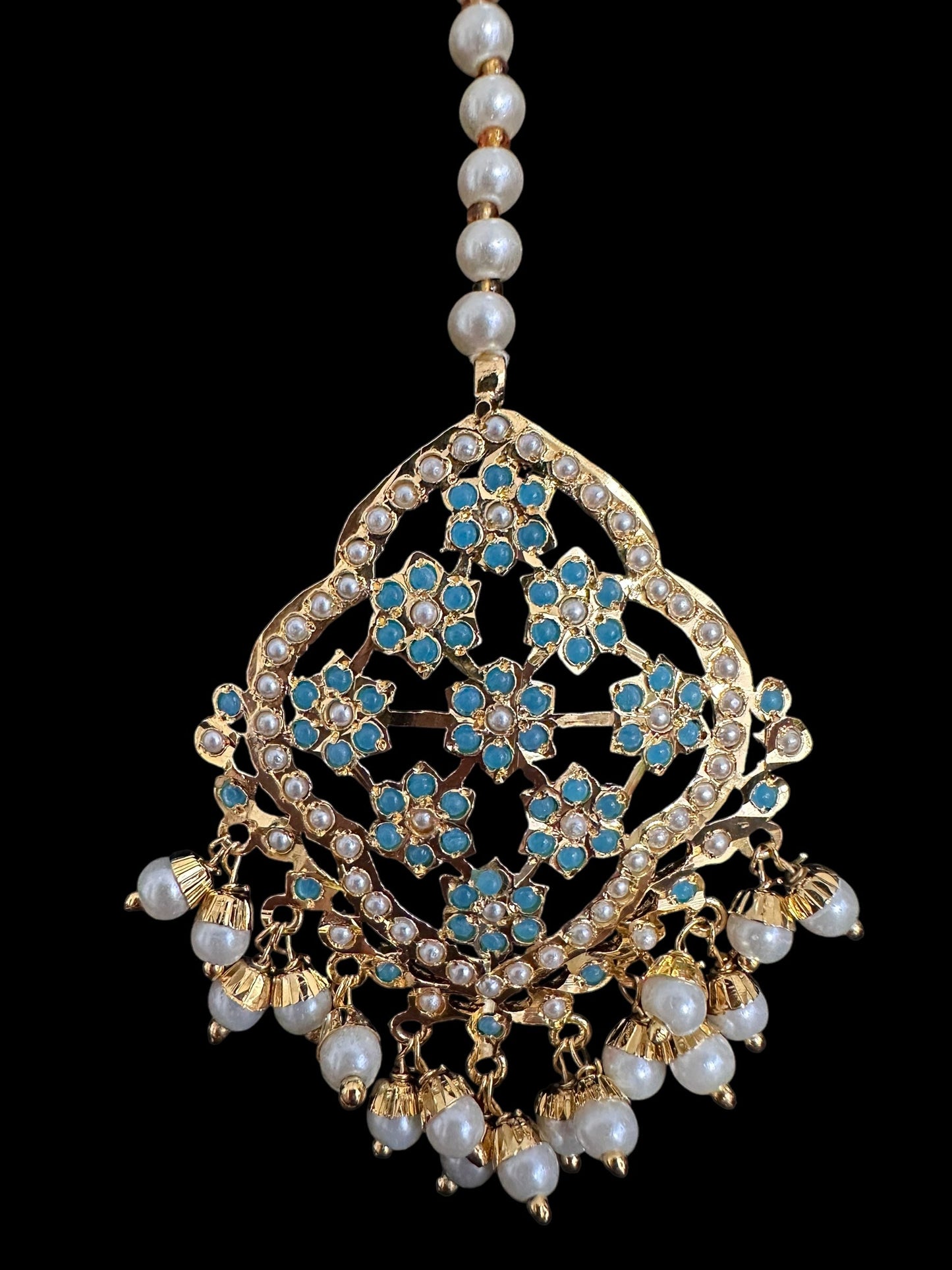 DJET91 Mehru Jadau chandbali earrings tika in turquoise/feroza pearls ( READY TO SHIP )