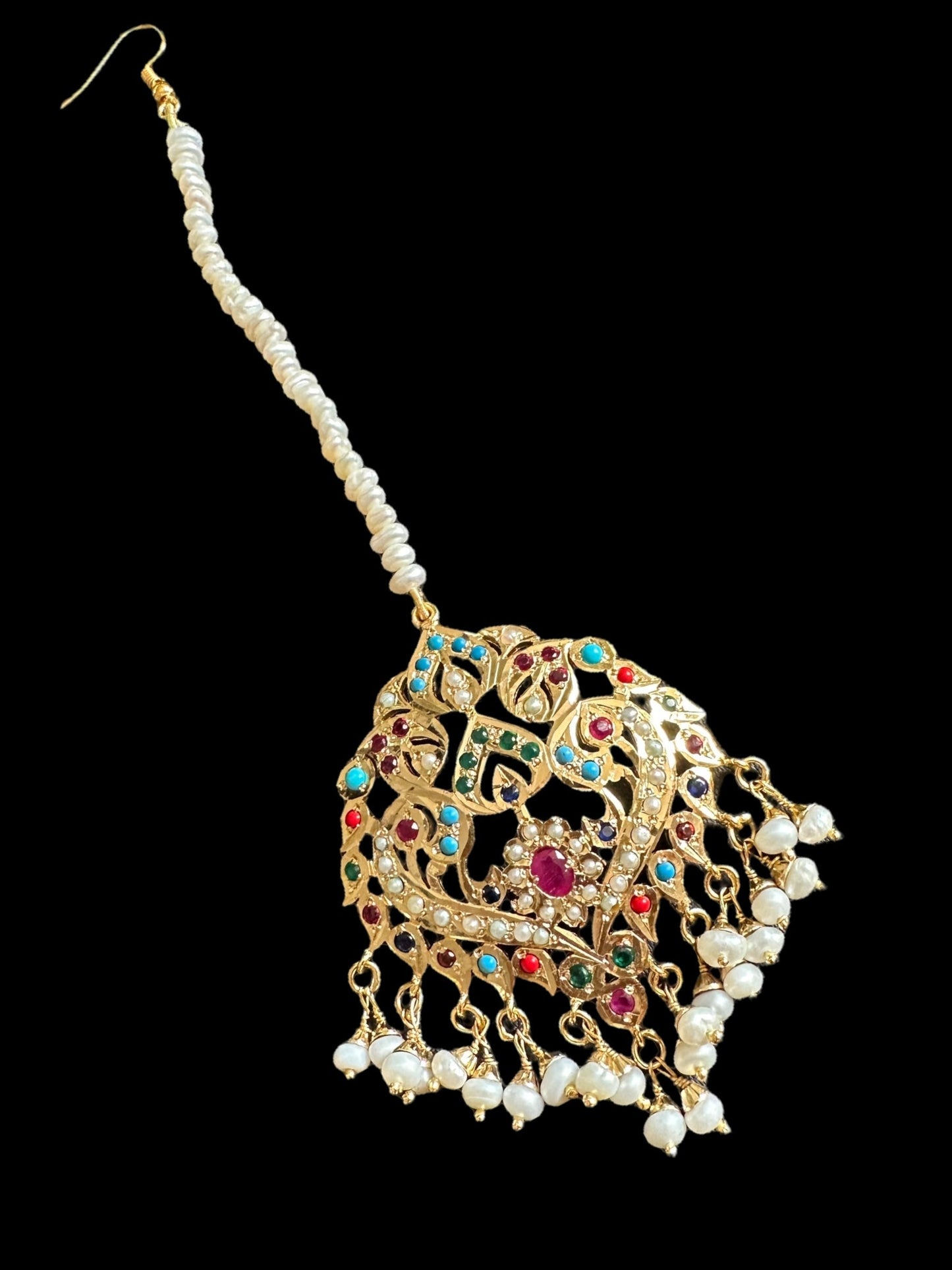 ESMA Navratan tika in silver with fresh water pearls - gold plated ( SHIPS IN 5 WEEKS  )