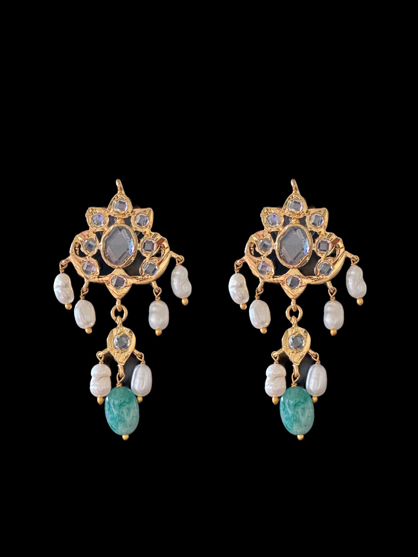 DNS110 Barfi necklace set in fresh water pearls and emerald beads ( READY TO SHIP )