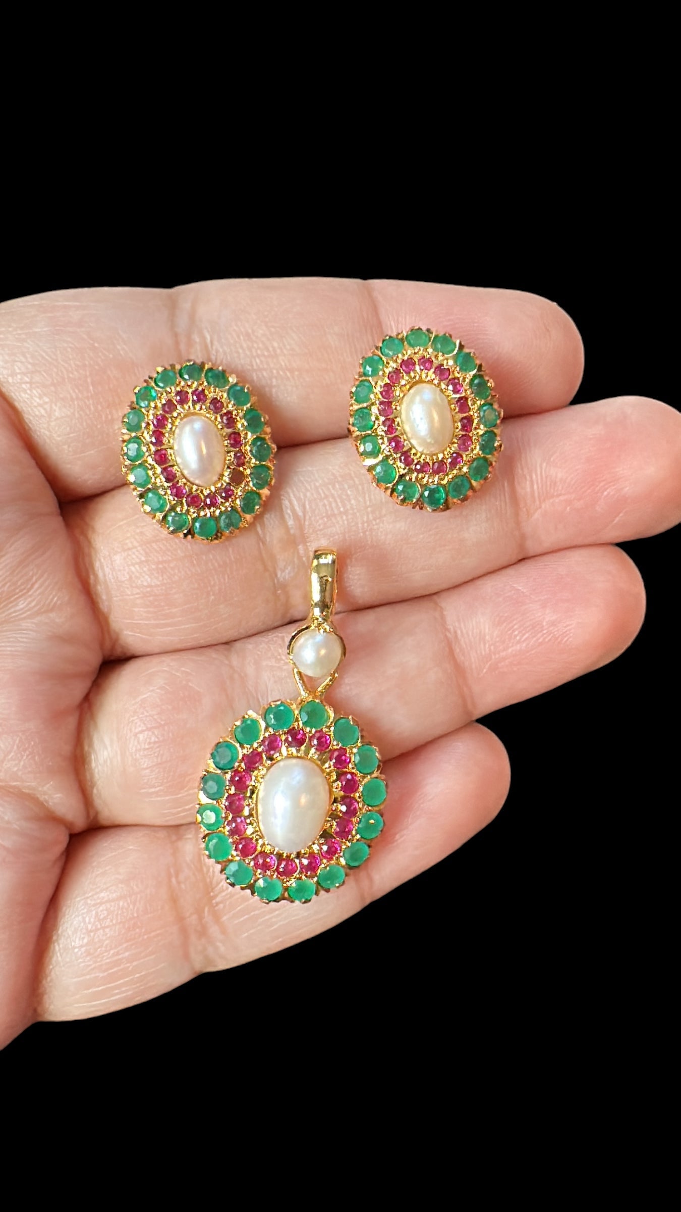 Gold plated jadau silver pendant set in ruby emeralds   ( SHIPS IN 5 WEEKS )