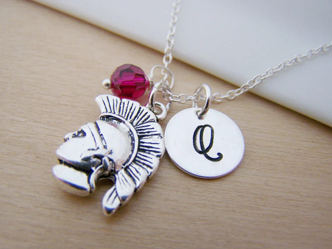 Personalized Spartan Necklace – Plated Spartan Charm with Sterling Silver Chain, Birthstone & Initial