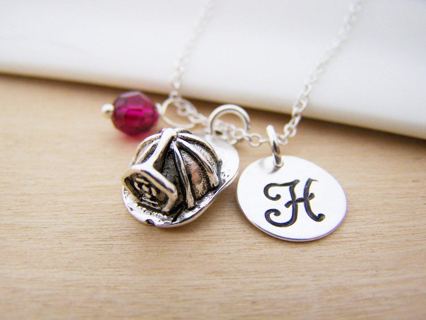 Fire Helmet Charm Necklace – Personalized Sterling Silver Jewelry with Initial & Birthstone or Pearl