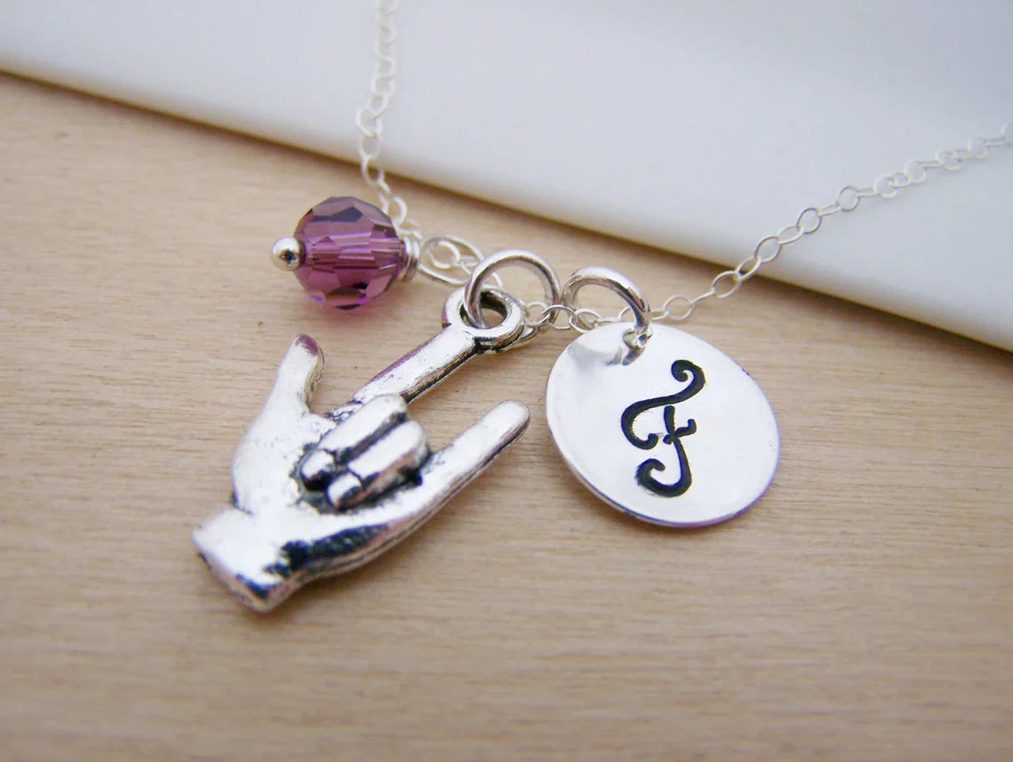 Personalized Sign Language “I Love You” Necklace – Sterling Silver Chain with Birthstone & Initial