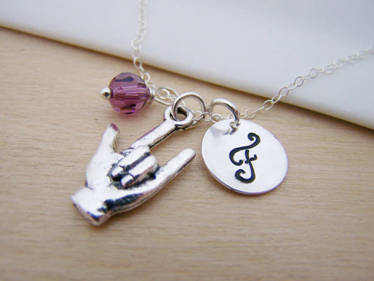 Personalized Sign Language “I Love You” Necklace – Sterling Silver Chain with Birthstone & Initial