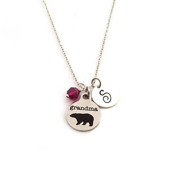Grandma Bear Necklace – Sterling Silver with Birthstone & Initial Charm