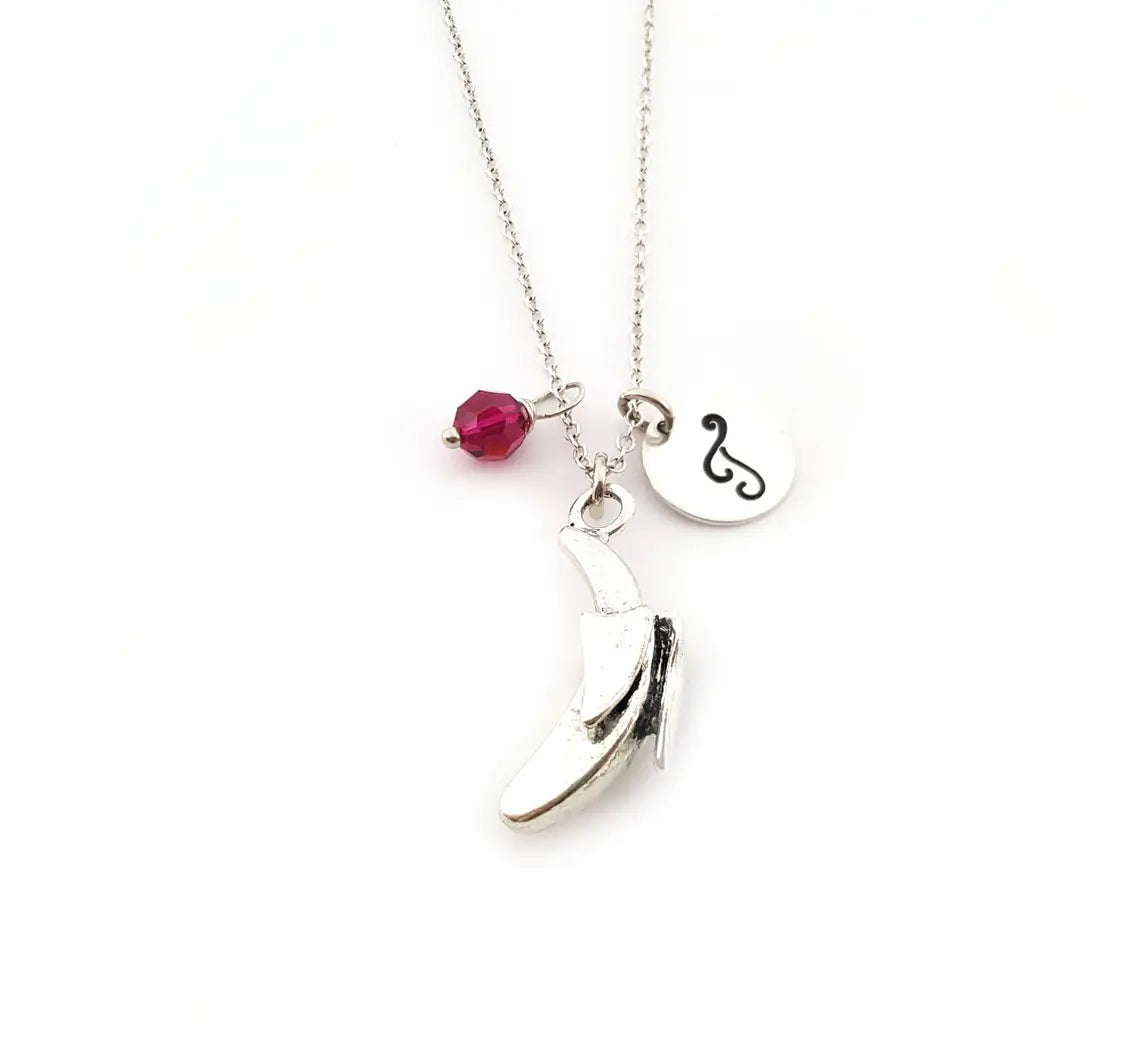 Personalized Banana Necklace – Sterling Silver Chain with Birthstone & Initial