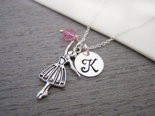 Personalized Ballerina Necklace – Sterling Silver Chain with Birthstone & Initial
