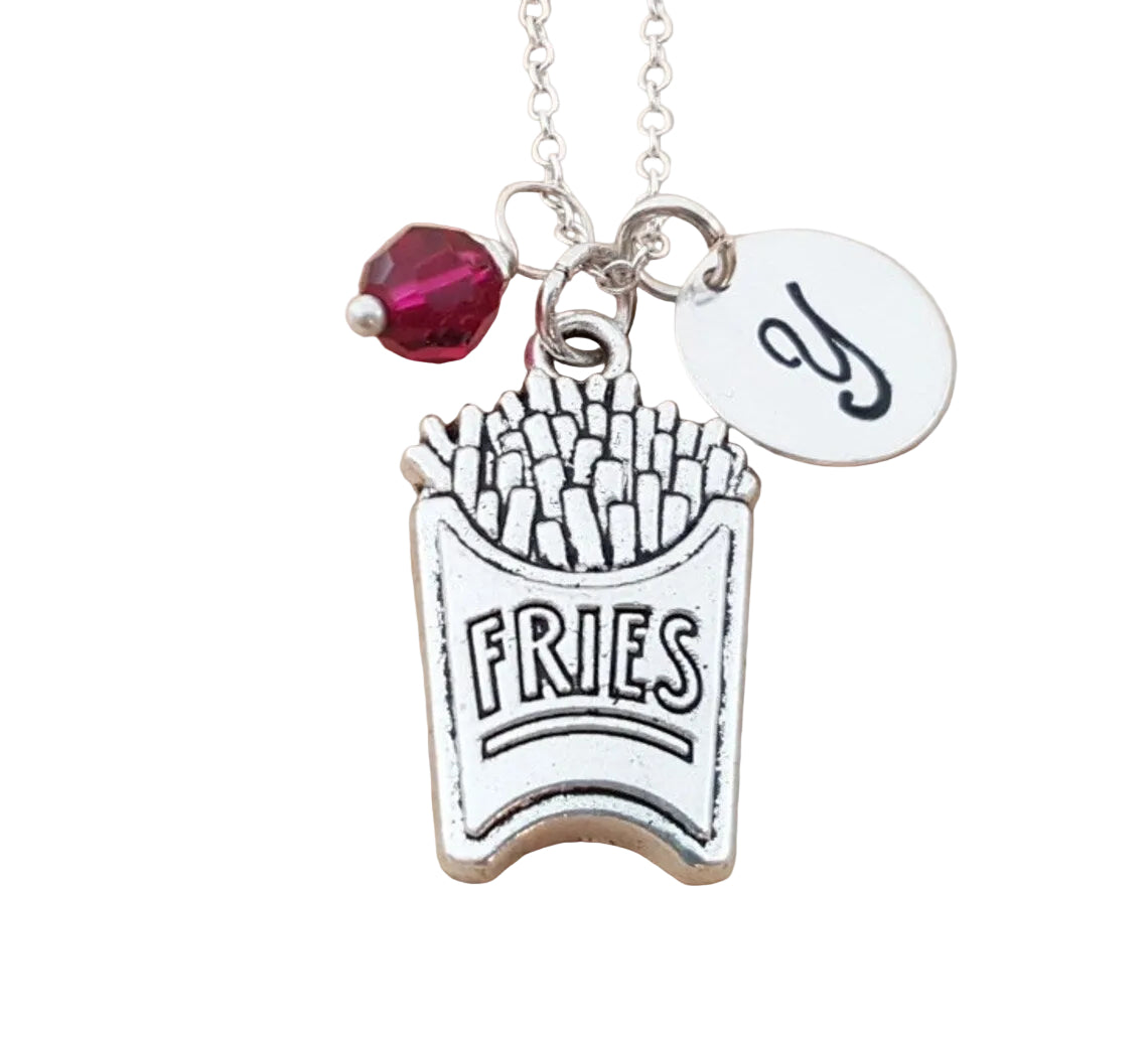 French Fries Necklace – Sterling Silver with Birthstone & Initial Charm