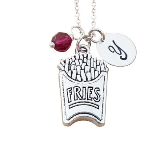 French Fries Necklace – Sterling Silver with Birthstone & Initial Charm