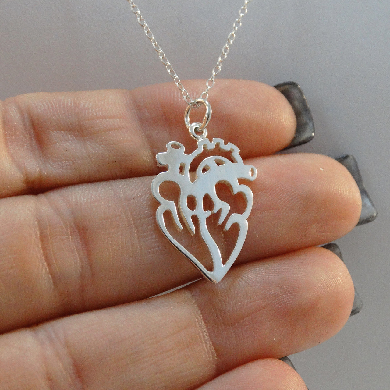 Open Anatomical Heart Necklace – Sterling Silver Medical Heart Pendant on 16" Chain