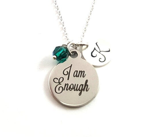 I Am Enough Necklace – Sterling Silver with Birthstone & Initial Charm