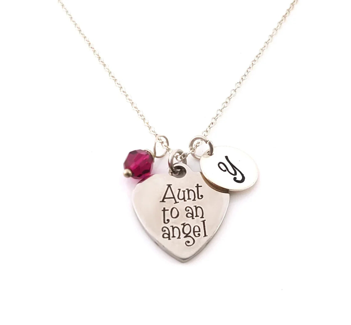 Aunt to an Angel Necklace – Sterling Silver Chain with Birthstone & Initial
