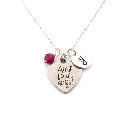 Aunt to an Angel Necklace – Sterling Silver Chain with Birthstone & Initial