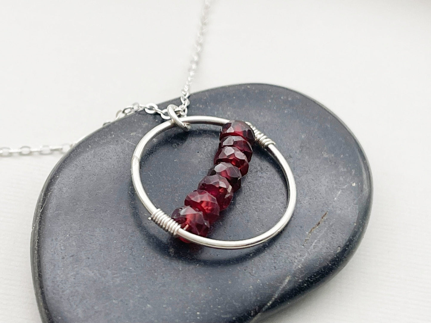 Garnet Bar Circle Necklace – Sterling Silver