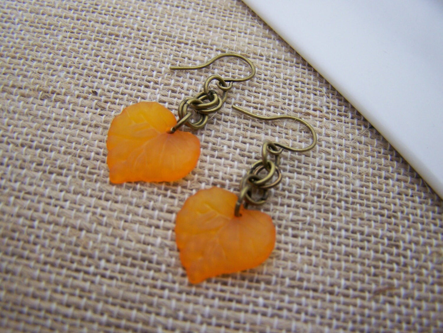Orange Leaf Dangle Earrings – Acrylic Charms and Antiqued Brass, 1.5 Inch